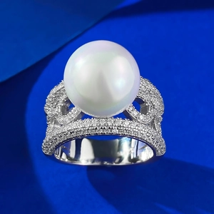 Elegant S925 sterling silver ring featuring a 12mm white shell pearl and pave zirconia