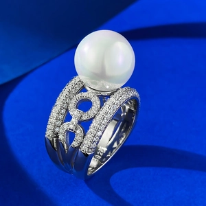 Luxury 925 Sterling Silver Shell Artificial Pearl Ring Elegant Wide Band Hollow Zircon Ring Jewelry For Women Daily Wear Wedding Party Elegant Accessories