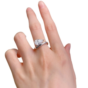 Pear cut solitaire ring with elegant bypass design in S925 sterling silver for women