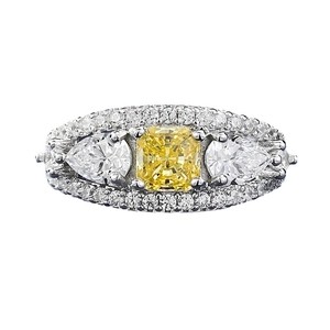 S925 silver halo ring with yellow cushion-cut diamond and pear side stones on white base