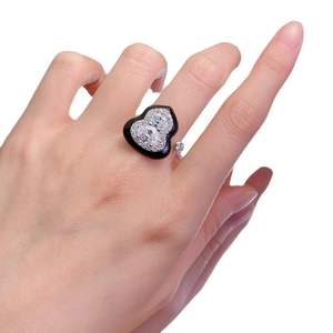 Retro s925 silver open ring featuring black enamel gourd design with sparkling diamonds