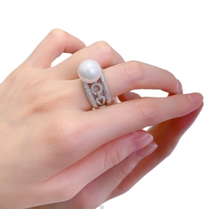 Elegant S925 silver ring featuring 12mm white shell pearl and micro-pave zircons
