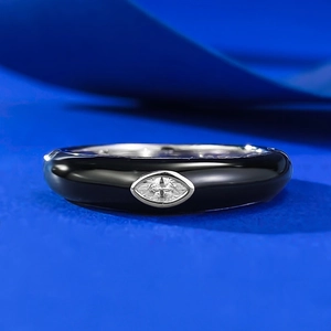 S925 silver ring with black enamel band and marquise-cut crystal center stone