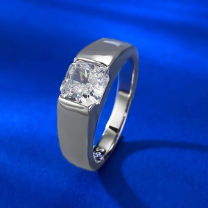 S925 sterling silver ring with square high-carbon diamond on blue silk background