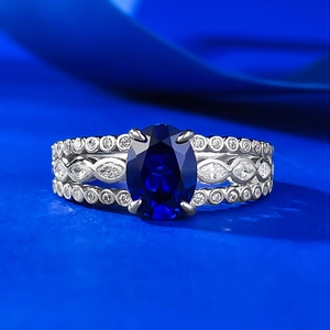 Elegant 925 Sterling Silver Oval Blue Rhinestone Ring For Women Luxury Three Row Hollow Band Fashion Vintage Finger Jewelry Gift
