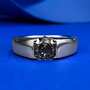 Minimalist square black diamond S925 silver ring for men with wide band on blue background