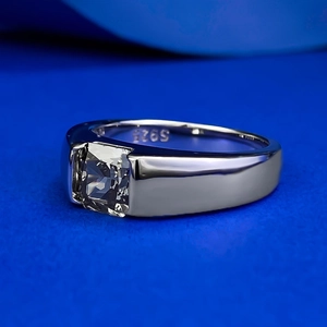 Macro view of S925 sterling silver ring featuring a square-cut sparkling center stone