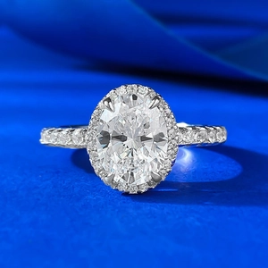 925 Sterling Silver Oval Cut Rhinestone Halo Ring For Women Elegant Geometric Pave Sparkly Finger Ring Jewelry Gift