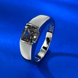 S925 sterling silver ring with square-cut grey stone on bright blue background