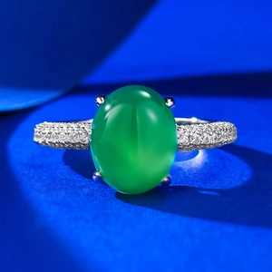 925 Sterling Silver Green Chalcedony Ring For Women Vintage Oval Cabochon Gemstone Rhinestone Pave Inlaid Elegant Finger Ring Jewelry