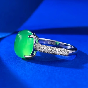 S925 sterling silver ring featuring a large oval green chalcedony and pave zircon accents