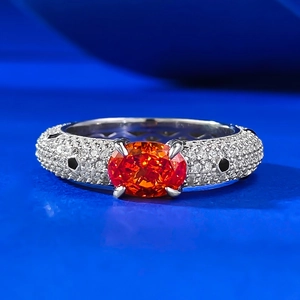 925 Sterling Silver Oval Orange Stone Ring For Women Luxury Full Pave Rhinestone Fashion Band Ring Statement Finger Jewelry