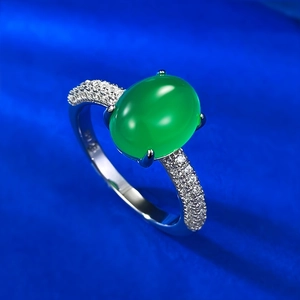 925 silver ring with oval green chalcedony stone and pavé set sparkling accents