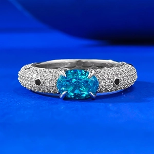 925 Sterling Silver Paraiba Blue Oval Ring For Women Luxury Pave Rhinestone Fashion Jewelry Geometric Finger Ring Party Gift