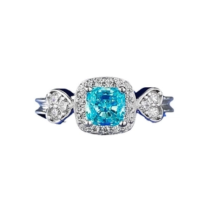 Bague luxueuse en argent S925 avec pierre bleue et serti de diamants en forme de cœur