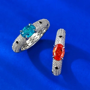 Luxurious S925 silver rings with blue and orange gemstones and full diamond pave setting