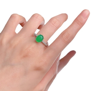 925 silver plated ring with oval green chalcedony and micro-paved zircon details