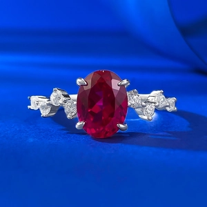 Bague de Luxe en Argent Sterling 925 Ovale Rouge Sang de Pigeon Corindon pour Femmes Mode Simple Strass Incrusté Bijoux