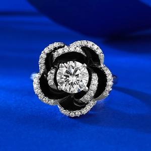 925 Sterling Silver Camellia Flower Ring 3D Black Enamel Floral Pave Rhinestone Contrast Color Band Ring For Women Jewelry