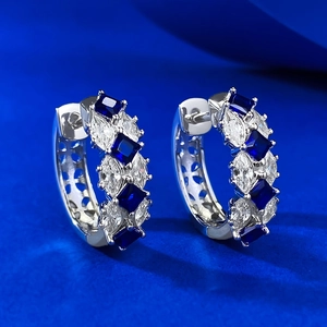 Vintage 925 Sterling Silver Huggie Earrings For Women Square Blue Rhinestone Inlaid Hollow Heart Design Fashion Jewelry