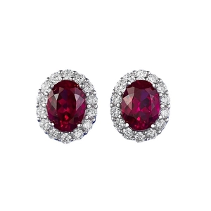 Classic S925 silver halo stud earrings with oval pigeon blood red corundum and white gems