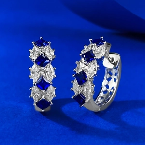 S925 silver hoop earrings with blue square gemstone and side hollow heart pattern