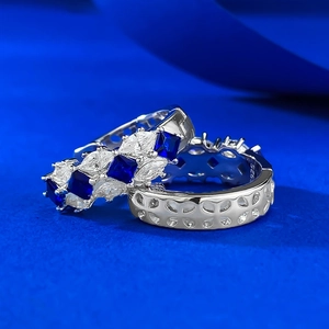 S925 silver hoop earrings with blue sapphire and marquise zircon in retro style