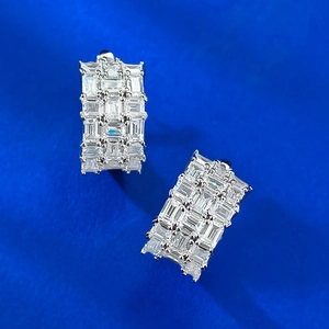 S925 silver rectangle stud earrings with channel-set baguette cubic zirconia stones