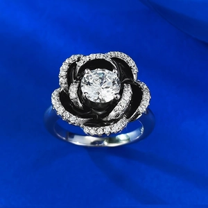 Elegant S925 silver camellia ring with black petals and a 6.5mm round white zircon center