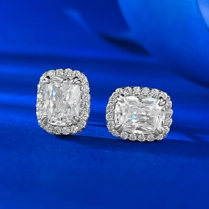 Elegant S925 silver cushion-cut 2-carat halo stud earrings with brilliant zircon stones