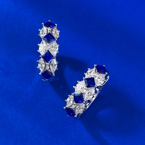 Elegant S925 silver huggie earrings with sapphire blue and clear marquise stones