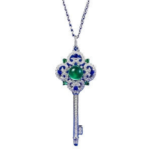 Exquisite S925 silver key pendant necklace with green chalcedony and micro-set crystals