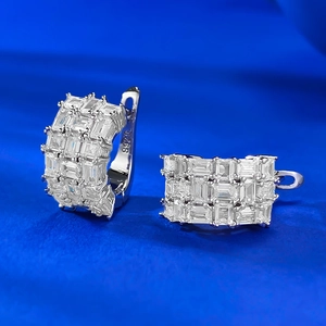 Luxurious S925 sterling silver hoop earrings with triple row baguette cut zircons