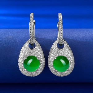 925 Sterling Silver Drop Earrings Elegant Water Drop Green Chalcedony White Rhinestone Earrings For Women Office Daily Jewelry