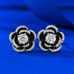 S925 Sterling Silver Camellia Stud Earrings For Women Black Enamel Round Rhinestone Inlaid Flower Earrings Elegant Jewelry Gift