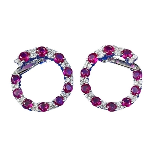 Boucles d'oreilles clous rondes en argent sterling avec pierres rouges et diamants blancs