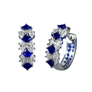 Elegant S925 silver hoop earrings with square blue sapphire and marquise white zirconia