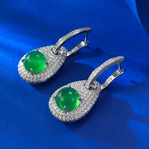 Elegant S925 silver drop earrings with green emerald stones and zircon accents