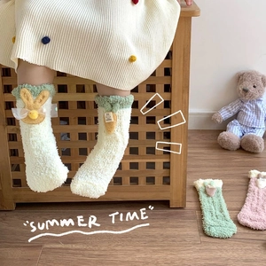 Thick coral fleece thermal socks for kids with cute rabbit and carrot 3D decorations