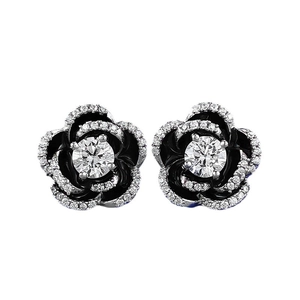 S925 silver camellia stud earrings with black enamel and sparkling zircon floral accents