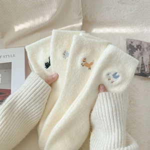 Detailed view of plush fuzzy socks featuring cute animal embroidery on warm fleece material