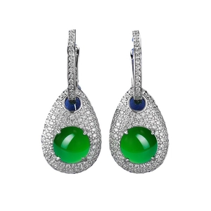 Silver drop earrings with green cabochon jade stones and cubic zirconia pavé detailing