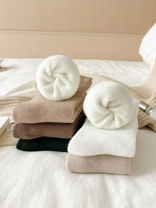 Detail of thick thermal socks with plush fleece lining in neutral beige and brown colors