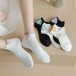 Close-up of 3D floral embroidery and fine knit texture on cotton ankle socks