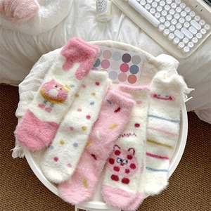 Women Sweet Cartoon Coral Fleece Mid-Tube Socks Soft Plush Thick Warm Polka Dot Striped Winter Home Floor Sleeping Socks