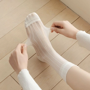 Detailansicht der hohen Elastizität und der gerippten Netzstruktur der weißen Spitzensocken