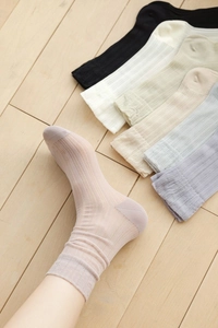 Nahaufnahme der gerippten Baumwollsocken für Damen mit süßen Spitzenkanten und Pastellfarben