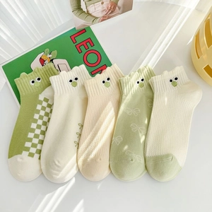 Women Cotton Socks Green Series Cartoon Embroidered Short Socks Breathable Academy Style Casual Cute Low Cut Ankle Socks