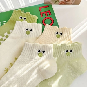 Green series cotton socks with cartoon embroidery and ruffled cuffs for women