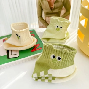 Cute green cotton socks with cartoon embroidery and checkered pattern for women